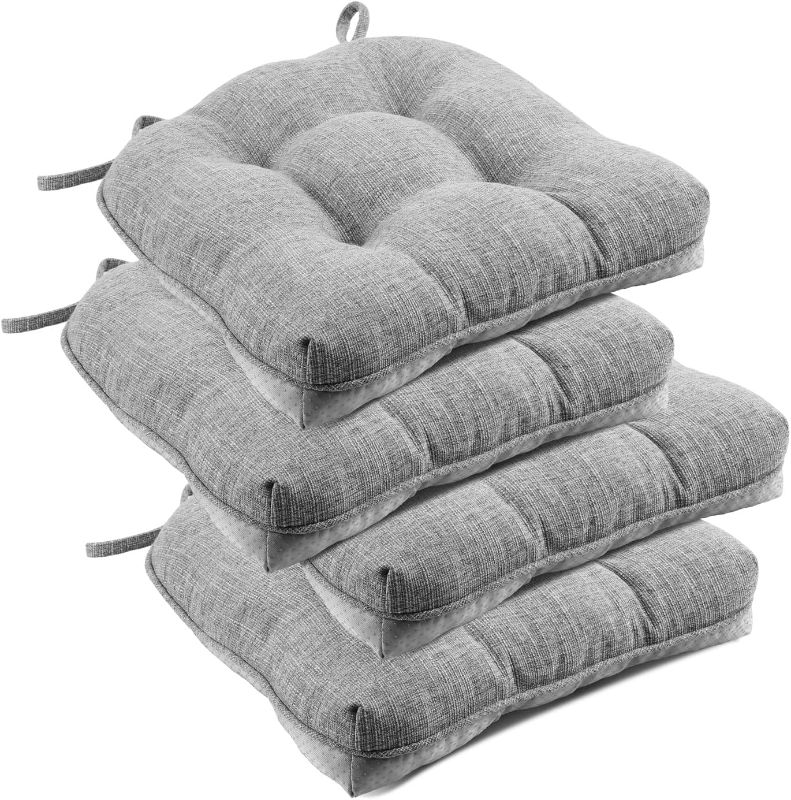 Photo 1 of downluxe Indoor Chair Cushions for Dining Chairs, Tufted Overstuffed Textured Memory Foam Kitchen Chair Pads with Ties and Non-Slip Backing, 15.5" x 15.5" x 4", Light Grey, 4 Pack
