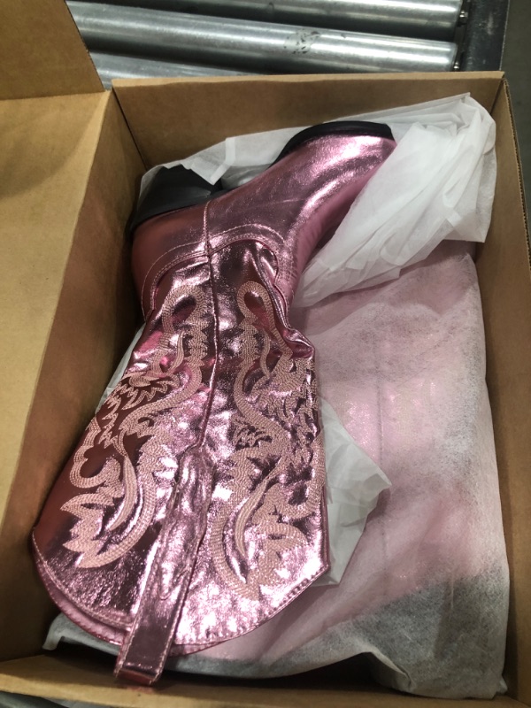 Photo 2 of GOSERCE Western Cowboy Mid Wide Calf Boots Pull-Up Tabs Embroidered Sparkly Glitter Metallic Cowgirl Boots for Women Pointy Toe Chunky Low Heel 2.5" Pink
