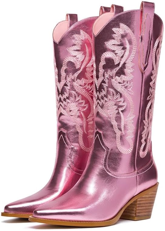 Photo 1 of GOSERCE Western Cowboy Mid Wide Calf Boots Pull-Up Tabs Embroidered Sparkly Glitter Metallic Cowgirl Boots for Women Pointy Toe Chunky Low Heel 2.5" Pink
