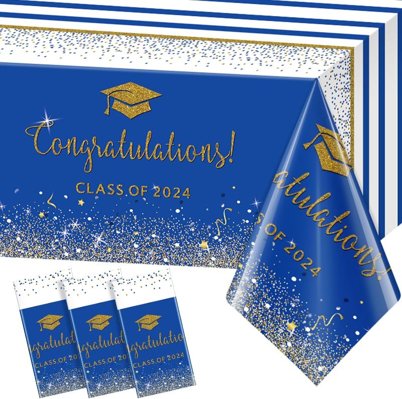 Photo 1 of 3 Pack Class of 2024 Graduation Tablecloths,Foil Dot Plastic Disposable Rectangle Table Covers for 2024 High School University College Graduation Party Decorations,108*54 Inch (Blue and Gold )
