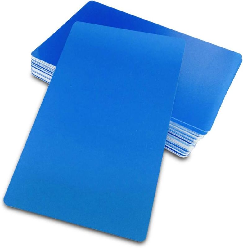Photo 1 of Ebamaz 50PCS Thick 0.45mm Aluminum Metal Business Cards Blanks 3.4 X2.13 inch for Customer Laser Engraving (Blue, Blank)
