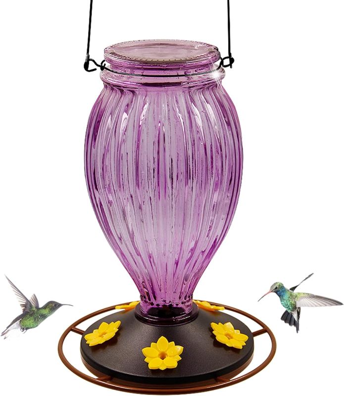 Photo 1 of Juegoal Glass Hummingbird Feeders for Outdoors - 37 oz Wild Bird Feeder 5 Feeding Ports, Bud Shaped Metal Handle Hanging for Garden Tree Yard Outside Decoration, Violet
