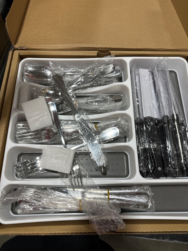 Photo 1 of 49-Piece Silverware Set with Flatware Drawer Organizer, Durable Stainless Steel Cutlery Set for 8, Mirror Polished Kitchen Utensils Tableware Service with Steak Knives Dinner Fork Knife Spoon & Tray