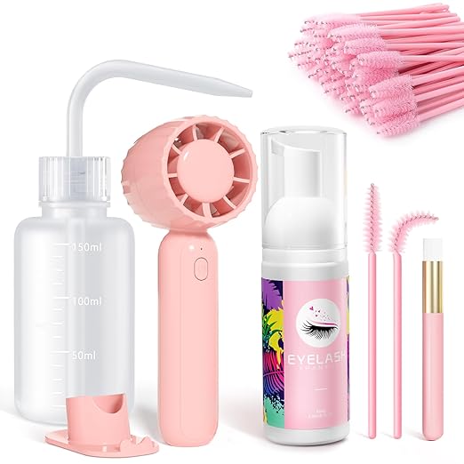 Photo 1 of Buqikma Lash Cleaning Kit-Eyelash Extension Cleanser for Extensions 60ML Lash Shampoo with Rechargeable Handheld Lash Fan Dryer Mascara Brush Rinse Bottle Makeup Cleansing Foam for Lash Care
