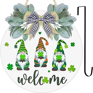 Photo 1 of 12inch Welcome Sign Wreath for Front Door Gnomes Hanging Wooden Door Sign with Gnomes Shamrock +15" Wreath Hanger for Home Mantel Farmhouse Decor (White)

