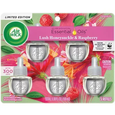 Photo 1 of Air Wick Plug in Scented Oil Refill, 5 ct, Lush Honeysuckle and Raspberry, Air Freshener, Essential Oils, Spring Collection Lush Honeysuckle and Raspberry 5 Count (Pack of 1)