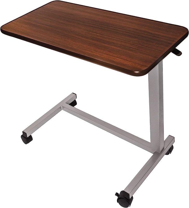 Photo 1 of Vaunn Medical Adjustable Overbed Bedside Table With Wheels (Hospital and Home Use), Walnut Brown
