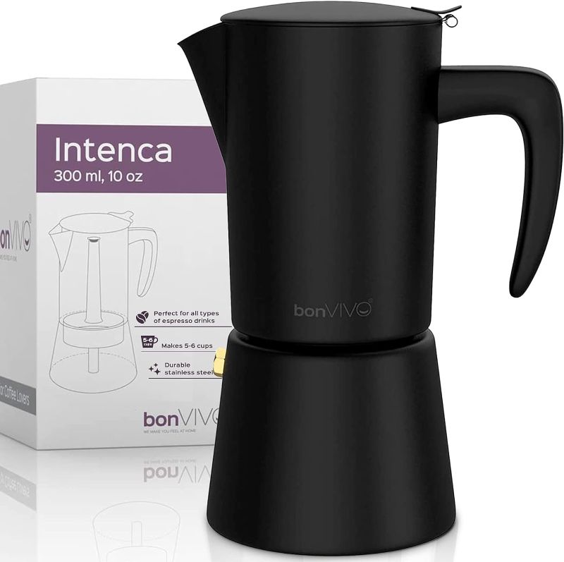 Photo 1 of bonVIVO Intenca Stovetop Espresso Maker - Luxurious, Stainless Steel Italian Coffee Maker for Camping or Home Use - Makes 6 Cups of Full-Bodied Coffee - Black, 10oz
