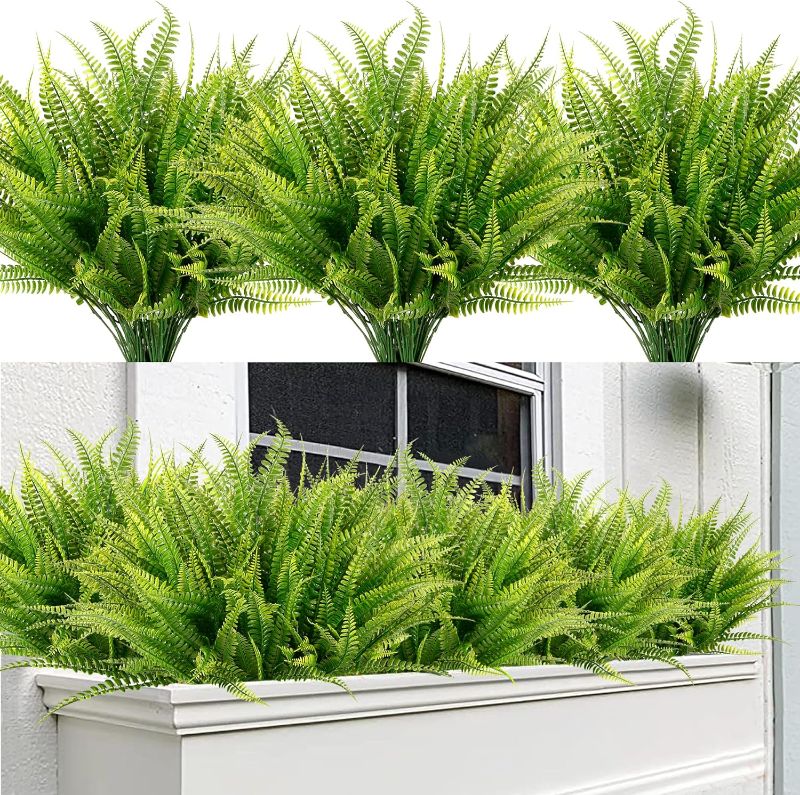 Photo 1 of Sggvecsy 12 Bundles Artificial Boston Fern Plants Fake Boston Ferns Bushes Artificial Shrubs Outdoor Greenery UV Resistant Plants Faux Plastic Plants for Home Garden Indoor Outdoor Decor(Green)
