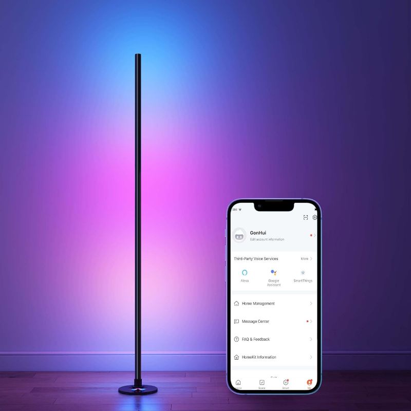 Photo 1 of GonHui Corner Floor Lamp, LED Smart Floor Lamp Compatible with Alexa, Color Changing Ambience Light with Music Sync, Modern Corner Lit Standing Lamp for Living Room Bedroom Gaming Room(Black)
