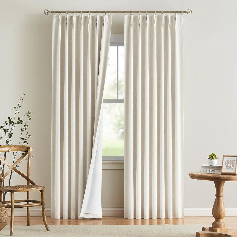 Photo 1 of Vision Home Natural Pinch Pleated Full Blackout Curtains Linen Blended Room Darkening Window Curtains 95 inch for Living Room Bedroom Thermal Insulated Pinch Pleat Drapes with Hooks 2 Panel
