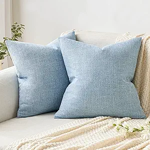 Photo 1 of MIULEE Pack of 2 Decorative Throw Pillow Covers Linen Burlap Square Solid Farmhouse Modern Concise Spring Throw Cushion Case Pillowcase for Sofa Car Couch 16x16 Inch 40x40 cm Light Blue
