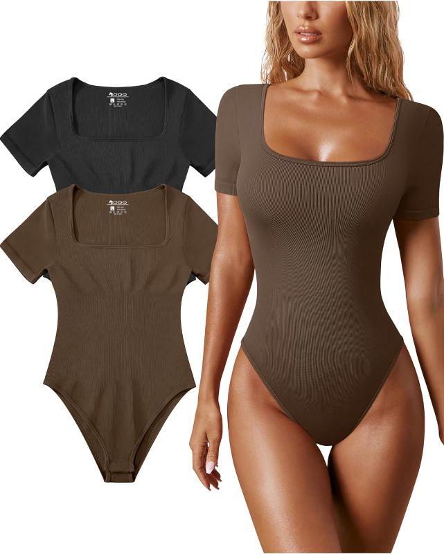 Photo 1 of OQQ Women's 2 Piece Bodysuits Sexy Ribbed One Piece Square Neck Short Sleeve Bodysuits
 LARGE