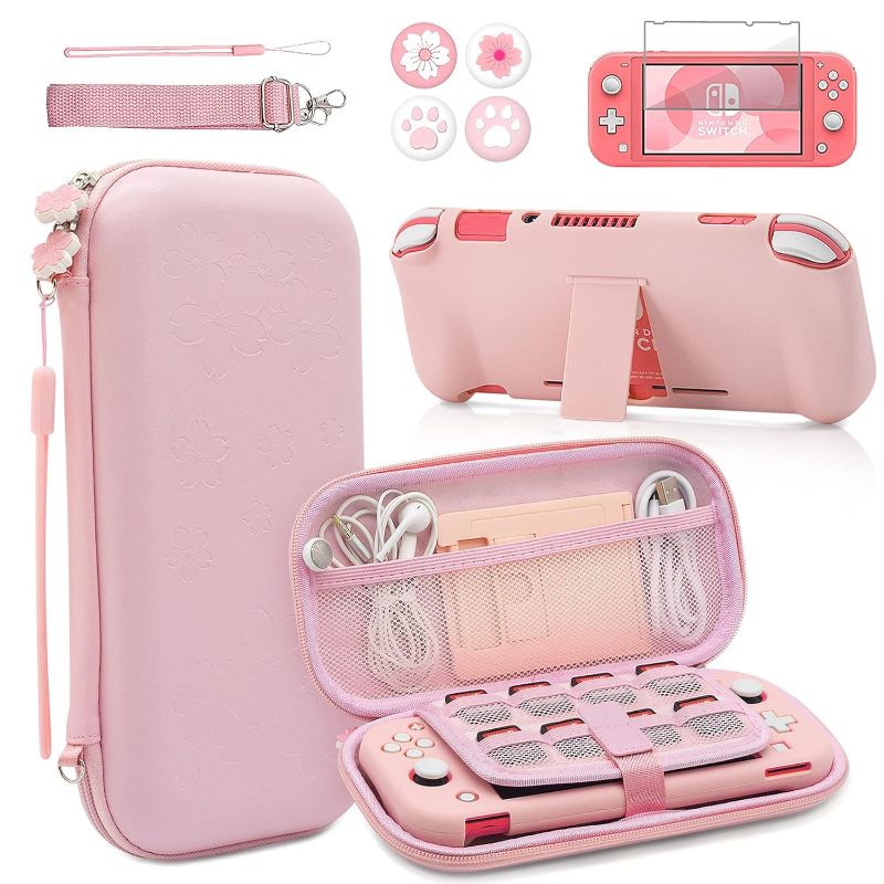 Photo 1 of BRHE Pink Travel Carrying Case Accessories Kit for Switch Lite, Hard Protective Cover Skin Shell with Stand, Glass Screen Protector, Thumb Grip Caps 9 in 1
