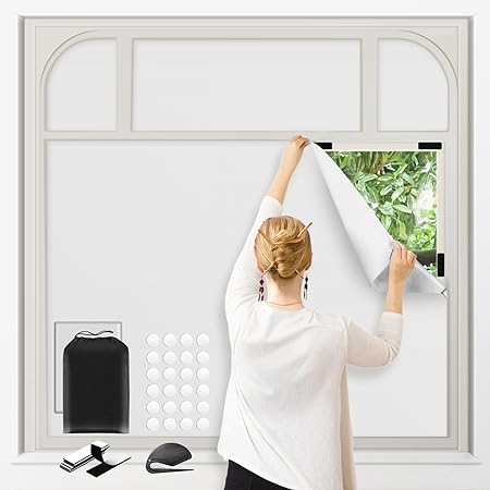 Photo 1 of 100% Blackout Blinds for Bedroom,118" x 57" Window Shades Blackout, Temporary Portable Blackout Shades, No Drill Blackout Curtains with Stickers & Tabs for Nursery, Dorm, Travel, Office(White)

