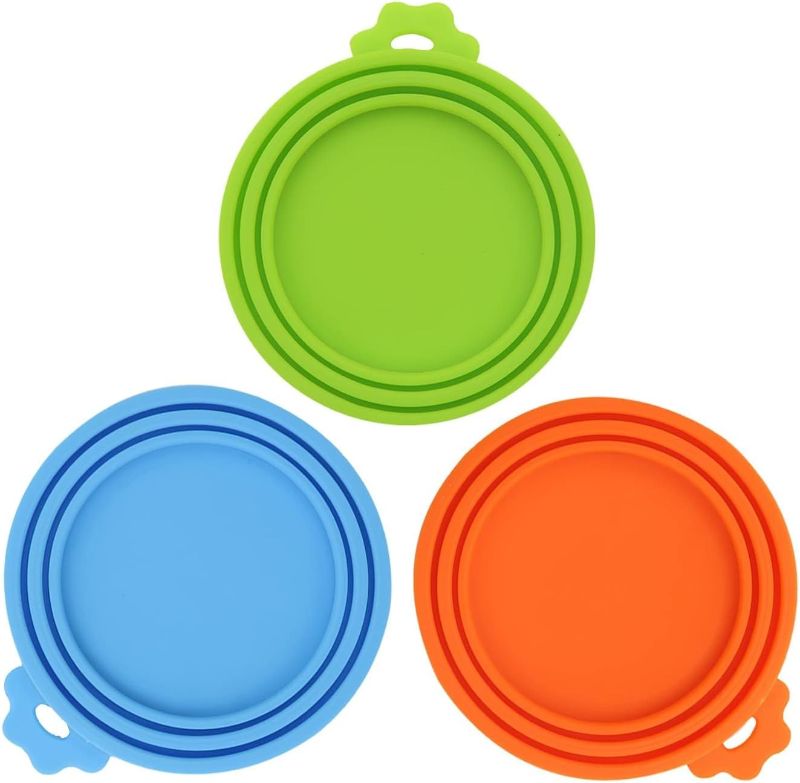 Photo 1 of 3 Pack Pet Food Can Covers Universal Can Lids Safe/Silicone Dog&Cat Food Can Lid Covers (green+blue+orange)
