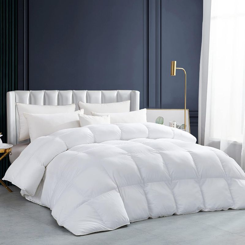 Photo 1 of Luxurious White Solid Heavy Weight, Oversize California King Size Goose Feathers Down Comforter for Winter Weather, 108 X 98 inches, Premium Baffle Box, 100% Egyptian Cotton Cover, 90 oz. Fill Weight
