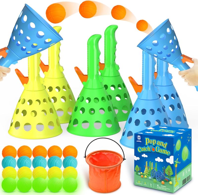 Photo 1 of Pop and Catch Ball Game with 15 Ping Pong Balls, 5 Glow Balls and 6 Catch Launcher Baskets - Outdoor Indoor Game, Birthday and Easter Party Favors Gifts Toys for Kids and Adults
