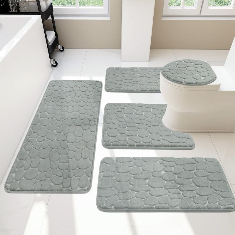 Photo 1 of YIHOUSE Bathroom Rugs Sets 5 Piece, Cobblestone Memory Foam Bathroom Mats Set Extra Thick, Non Slip Bath Mats for Bathroom, Water Absorbent, Washable Light Grey Bath Rugs for Tub, Toilet and Floor
