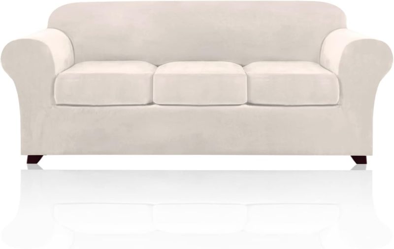 Photo 1 of PrinceDeco 4 Pieces Couch Covers Velvet Couch Covers for 3 Cushion Sofa Soft Furniture Protector with Non Slip Elastic Bottom Washable Couch Covers Width Up to 90 Inch (Large, Ivory)
