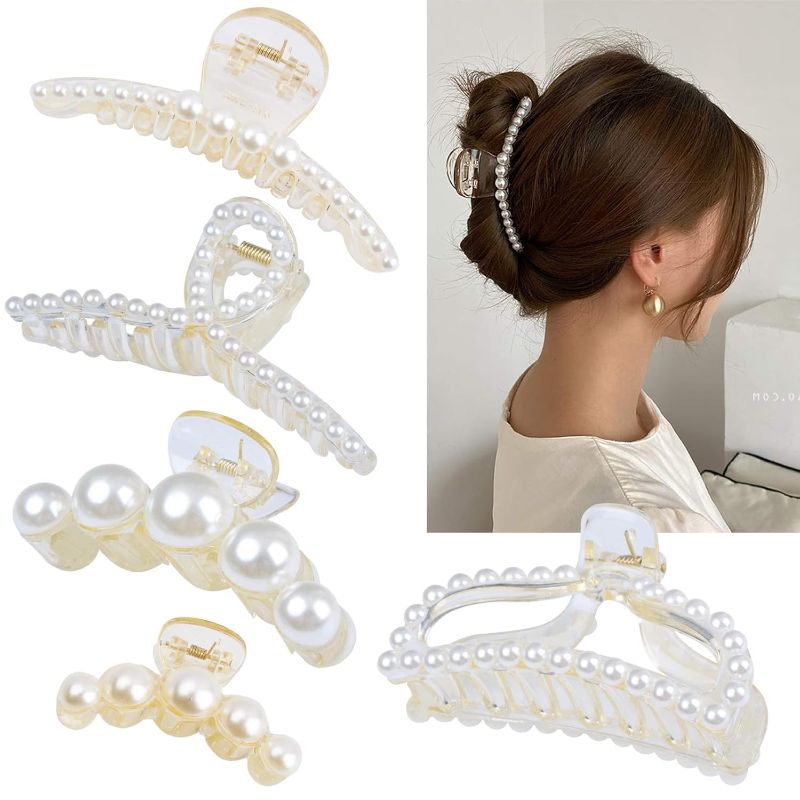 Photo 1 of DEEKA 5 Pcs Large Pearl Hair Claw Clips White Black Thick Long Jaw Clips Barrettes Hair Accessories for Women and Girls
