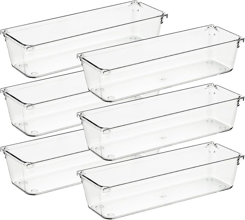 Photo 1 of Ravinte 6 Pack Drawer Organizer - 3" X 9" Plastic Storage Bins, Acrylic Organizers with Non-Slip Pads Clear Desk Storage Tray for Makeup, Jewelries, Kitchen Utensils, Bathroom and Office
