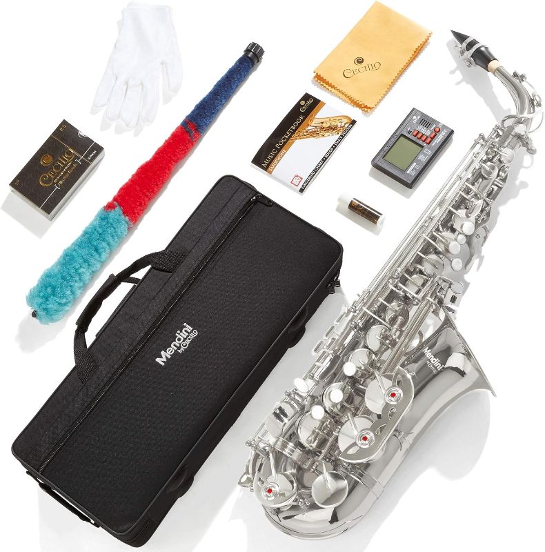 Photo 1 of Mendini By Cecilio Eb Alto Saxophone - Case, Tuner, Mouthpiece, 10 Reeds, Pocketbook- Nickel E Flat Musical Instruments
