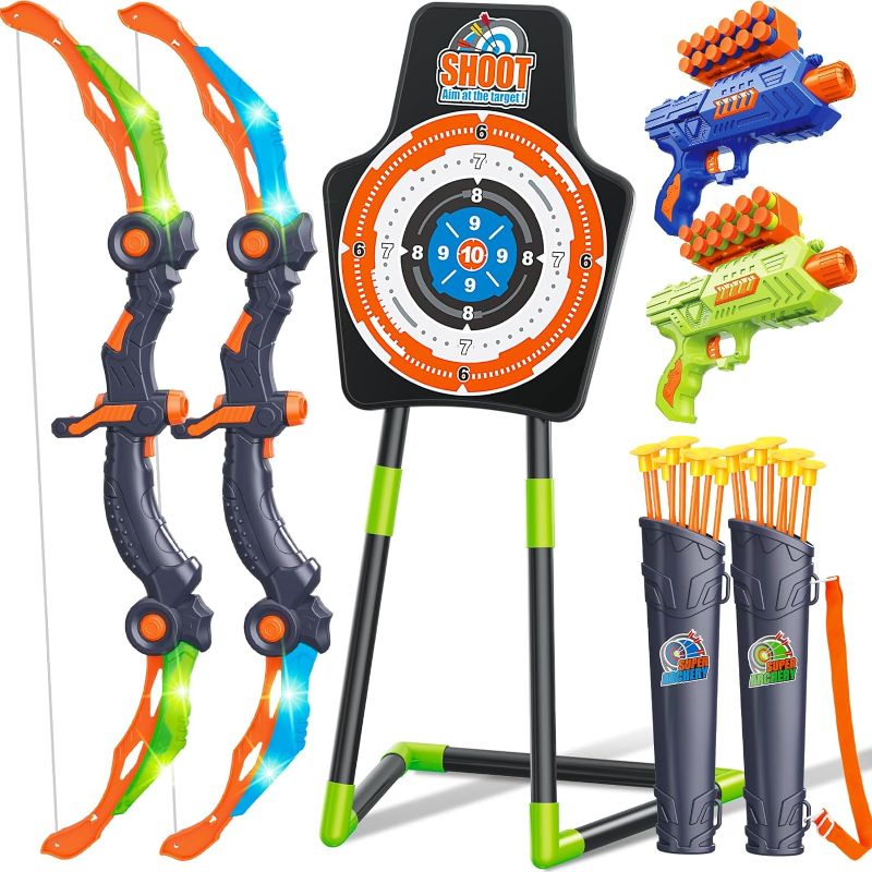 Photo 1 of GMAOPHY Bow and Arrow for 5 6 7 8 9 10 11+ Year Old Boys, Birthday Gift for Kids, Indoor Outdoor Activity Toys, 2 Pack LED Light Up Archery Toy with 20 Suction Cup Arrows, Standing Target, 2 Quiver
