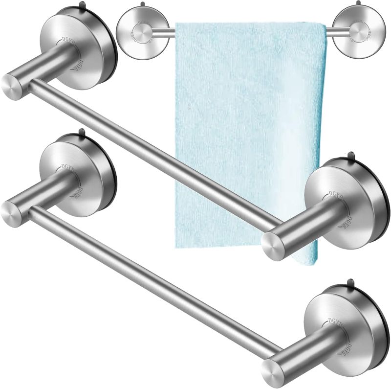 Photo 1 of DGYB Suction Cup Towel Bar for Bathroom 17 Inch Set of 2 Brushed Nickel Towel Holder Stainless Steel Premium Kitchen Towel Rack Wall Mounted
