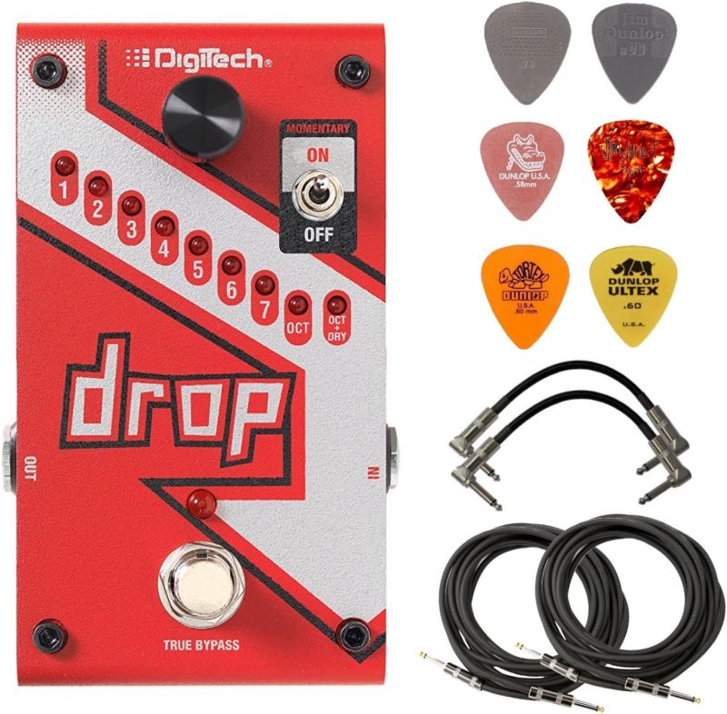 Photo 1 of Digitech DROP Polyphonic Drop Tune Pitch-Shifter Pedal Bundle with 2 Patch Cables, 2 Instrument Cables, and 6 Dunlop Picks
