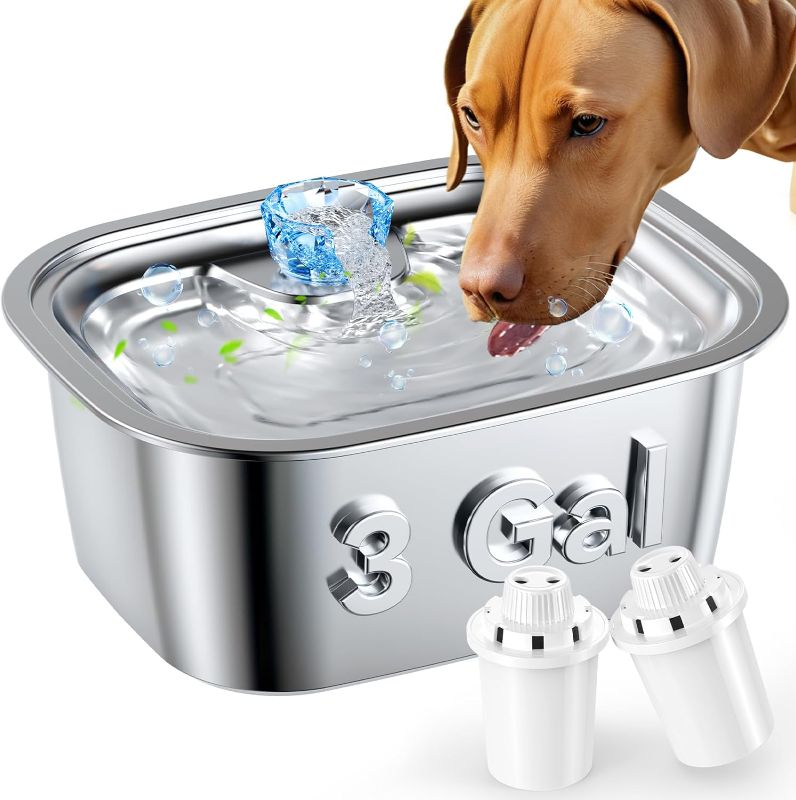 Photo 1 of Dog Water Fountain for Large Dogs, 3 Gallon Stainless Steel Pet Fountains for Large Multiple Pets Extra Quiet Automatic Water Bowl Dispenser Large Capacity Dogs Cats Drinking Fountain with 2 Filters
