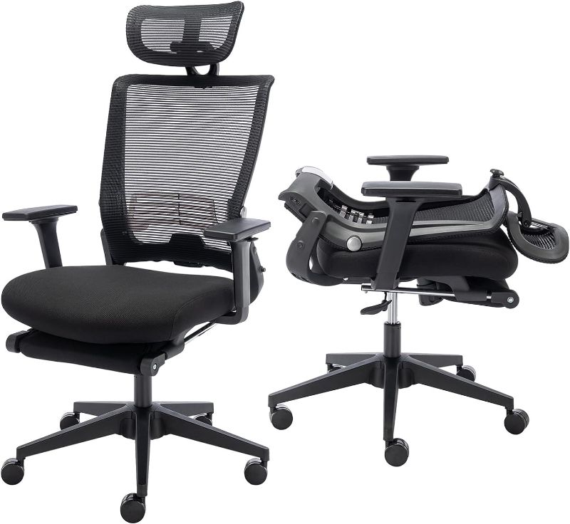 Photo 1 of Foldable Ergonomic Office Chair, High Back Computer Desk Chair with Adjustable Lumbar Support, Fixed Armrests, Headrest, 90°-110° Rocking Chair, Home Office Desk Chair, Easy Assembly, Black Black-fixed Arm