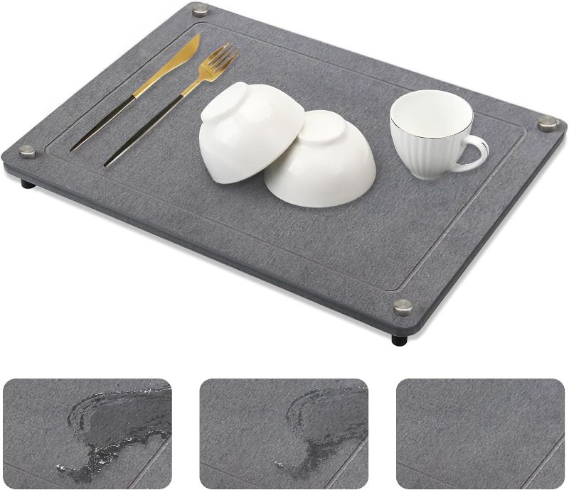 Photo 1 of Stone Drying Mat for Kitchen Counter, 15.7x11.8 inch Super Absorbent Non-Slip Diatomite Dish Drying Mat, Heat-Resistant Diatomaceous Earth Drying Stone Dish Drying Mat, Kitchen Draining Mat(Grey)
