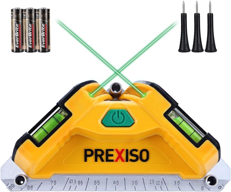 Photo 1 of PREXISO Square Laser-65Ft Green Beam Floor Tile Laser Level, Tile Laser Line Projection, Angle 90 degree Aluminum Base Magnetic Level Square Built-In 2 Bubble Vials-With 3 Mounting Pins 3AA Batteries
