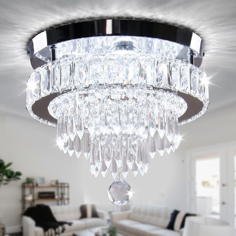 Photo 1 of Chandelier 11.8" Modern Crystal Chandeliers Crystal Light Fixtures Flush Mount Chandelier Ceiling Light Chandeliers for Bedrooms Living Room Dining Room Hallway (Cool White)
