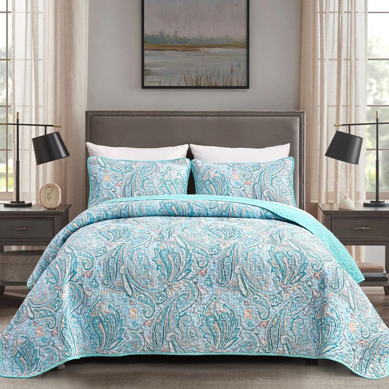 Photo 1 of DJY Blue Paisley Quilt Set King Size Boho Bedspread Coverlet Set 3 Pieces, Soft Lightweight Microfiber Light Blue Paisley Floral Pattern Bedding for All Season, 104''x90''
