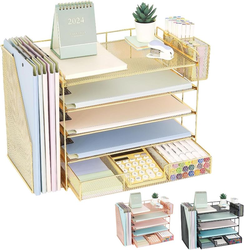 Photo 1 of 5 Tier Desk Organizer with Vertical File Racks, Desktop Paper Tray Office Organization with Drawer and Pen Holder, Desk Organizers and Workspace Accessories (gold)
