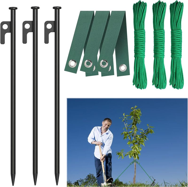 Photo 1 of Tree Stakes Kit, Heavy Duty Tent Stake Tree Staking and Supports for Hurricane Protection - Garden Stakes Straightening Kits, Include 3 PCS Straps for Staking, 3Pcs Stakes, 3Pcs Rope (12 in)

