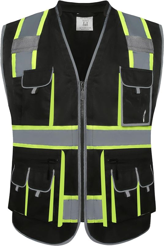 Photo 1 of JKSafety 10 Pockets Hi-Vis Zipper Front Black Safety Vest | Cushioned Collar | High Reflective Tapes with Extended Neon Yellow Strips | Meets ANSI/ISEA Standards (Large, 89-Black)
