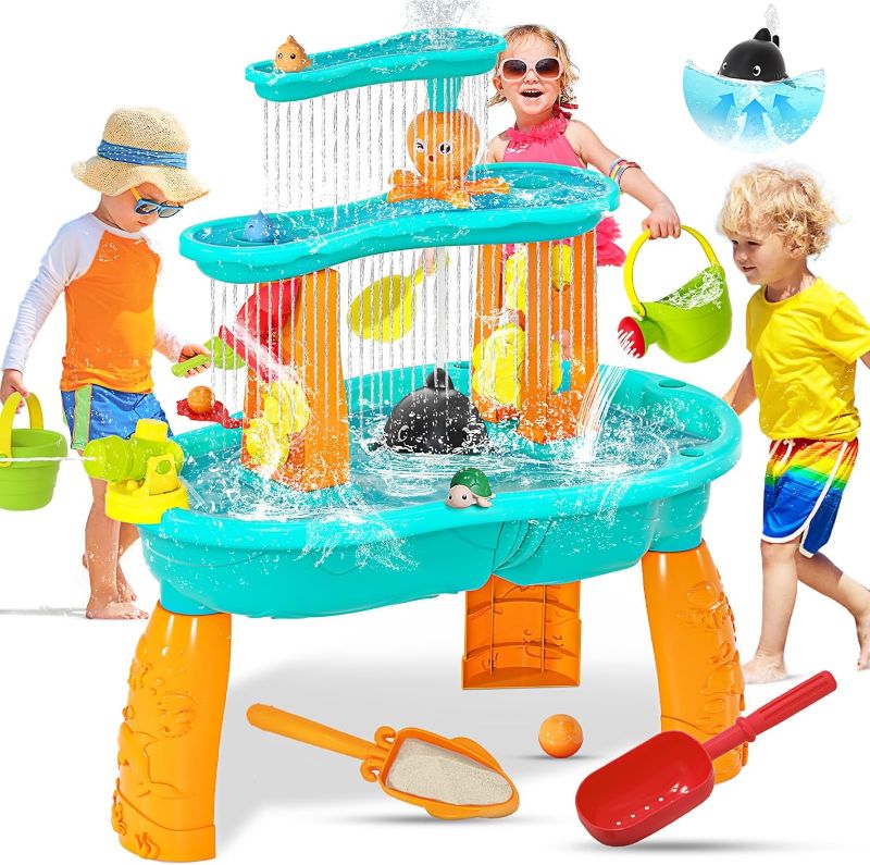 Photo 1 of Upgraded Toddler Water Table, 3-Tier Outdoor Kids Activity Table with Water Pump & Water Toy Accessories, Rain Showers Splash Pond Outside Water Play Toys Sand Sensory Table for Boys Girls Age 3+
