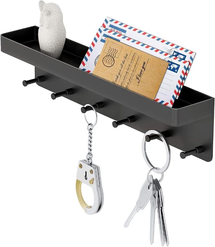 Photo 1 of MKO Decorative Wall Mounted Mail Organizer and Key Holder with Tray - 6 Stainless Steel Key Hooks for Hallway Kitchen Farmhouse Decor (Black)
