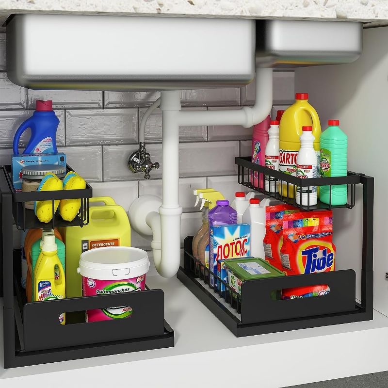 Photo 1 of REALINN Under Sink Organizer and Storage, 2 Pack Pull Out Cabinet Organizer Slide Out Sink Shelf Cabinet Storage Shelves, Under Sink Storage for Kitchen Bathroom Cabinet
