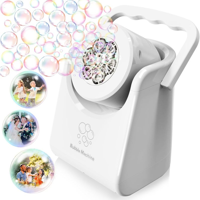 Photo 1 of Bubble Machine Automatic Bubble Blower for Kids Batteries Operated Portable Bubble Maker Electric Bubble Machine Adjust Angle by 90° Indoor Outdoor Toy for Birthday Party Wedding White
