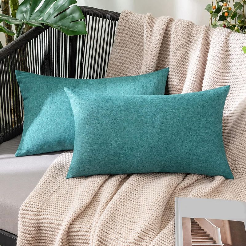 Photo 1 of MIULEE Pack of 2 Decorative Outdoor Solid Waterproof Throw Pillow Covers Polyester Linen Garden Farmhouse Cushion Cases for Patio Tent Balcony Couch Sofa 12x20 inch Turquoise
