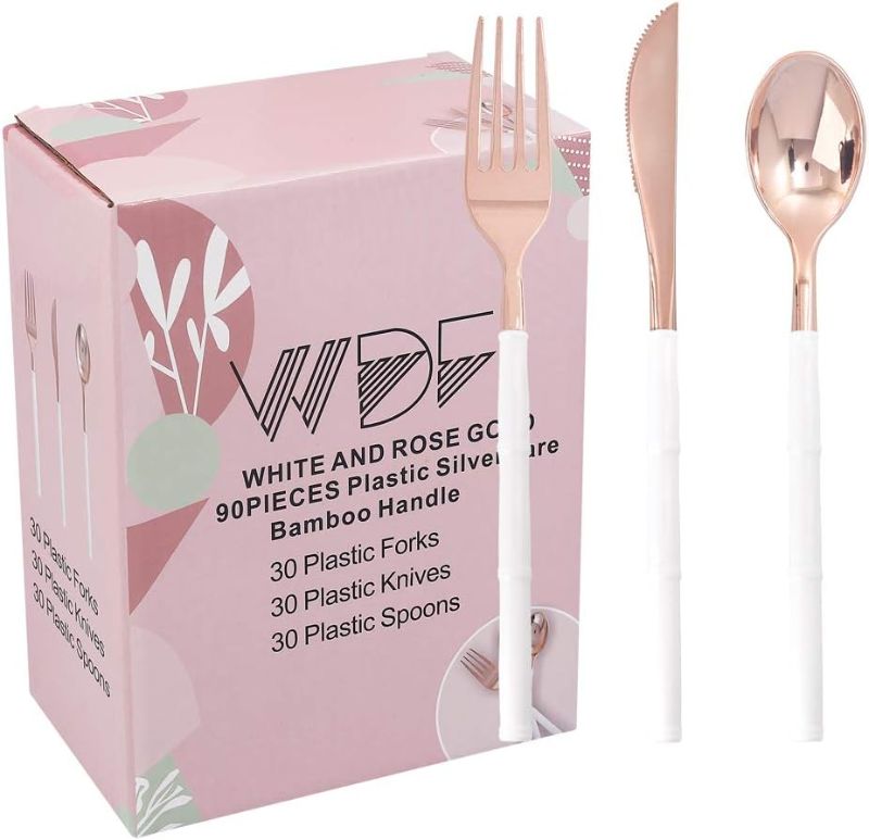 Photo 1 of WDF 90Pieces Rose Gold Plastic Silverware - Rose Gold Plastic Cutlery with White Handle- Heavy Duty Plastic Silverware Include 30Forks, 30 Spoons, 30 Knives for Wedding, Party, Thanksgiving
