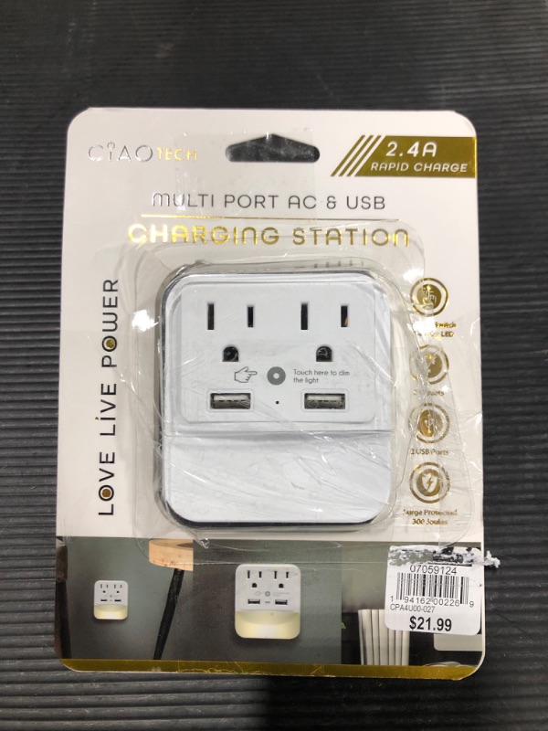 Photo 2 of Power Adaptor, Nightlight Function 2 Outlet, 2 USB Outlet, Surge Protection, LED Light, Dusk Dawn Sensor, Multi-Plug, 2.1A Total, for Home, Office, School- White