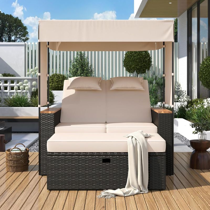 Photo 1 of 2-Piece Rattan Patio Bench Lounge Roof Set