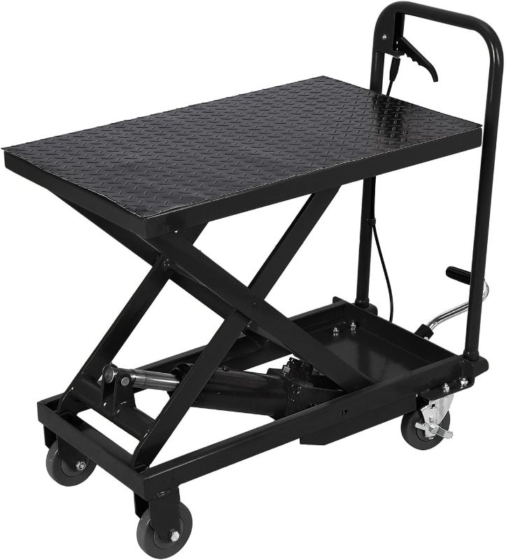 Photo 1 of ***SEE NOTES***Garvee Hydraulic Lift Table Cart, 500lbs Capacity 28.4" Lifting Height, Manual Single Scissor Lift Table with Non-Slip Pad, Elevating Hydraulic Cart for Material Handling and Transportation, Black