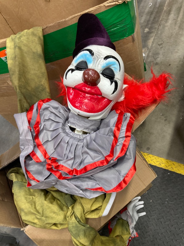 Photo 2 of Haunted Hill Farm Motion-Activated Startling Arms Clown by Tekky, Talking Scare Prop Halloween Animatronic for Indoor or Covered Outdoor Creepy Halloween Decorations, Plug-in or Battery Operated