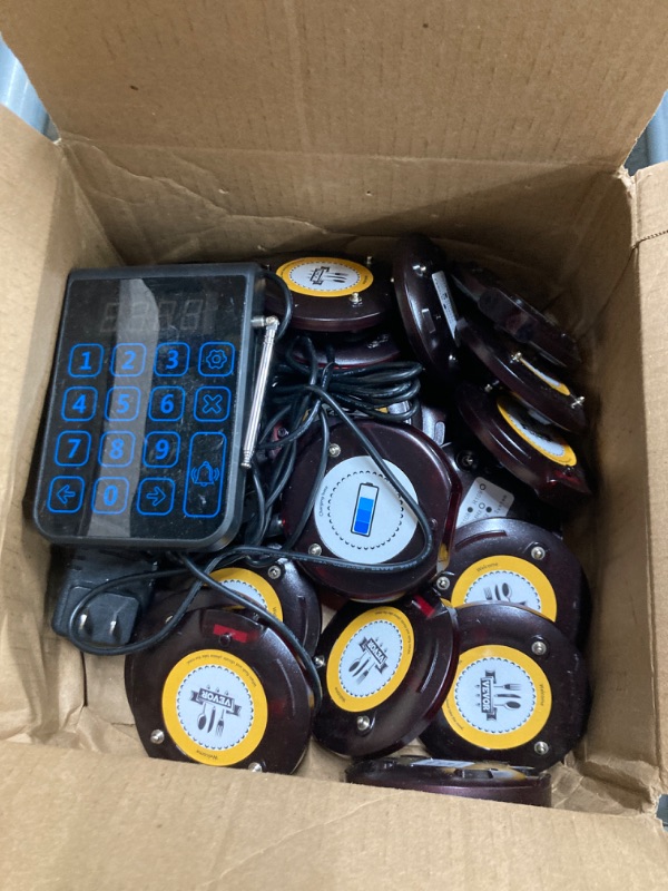 Photo 1 of VEVOR Restaurant Pager System, Wireless 500m Long Range Lineup Waiting Queue Signal, Guest Customer Calling Beepers with Vibration & Flashing, 20 Buzzers for Food Truck, Church, Nursery, Hospital